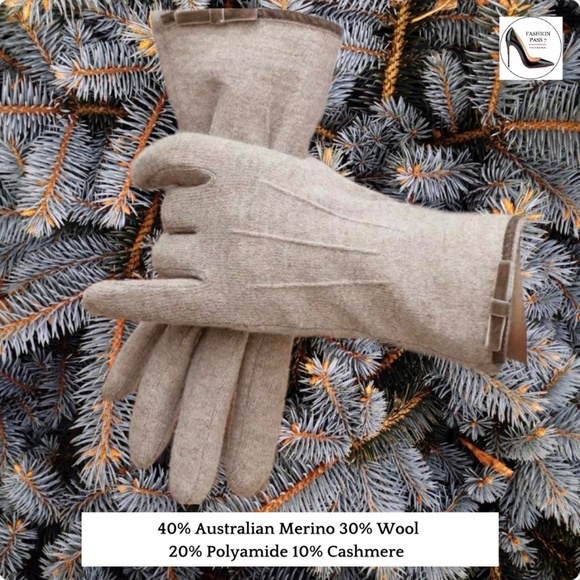 Luxury Cashmere Merino Wool Gloves Classic Beige Driving Winter mittens with bow - Picture 9 of 12